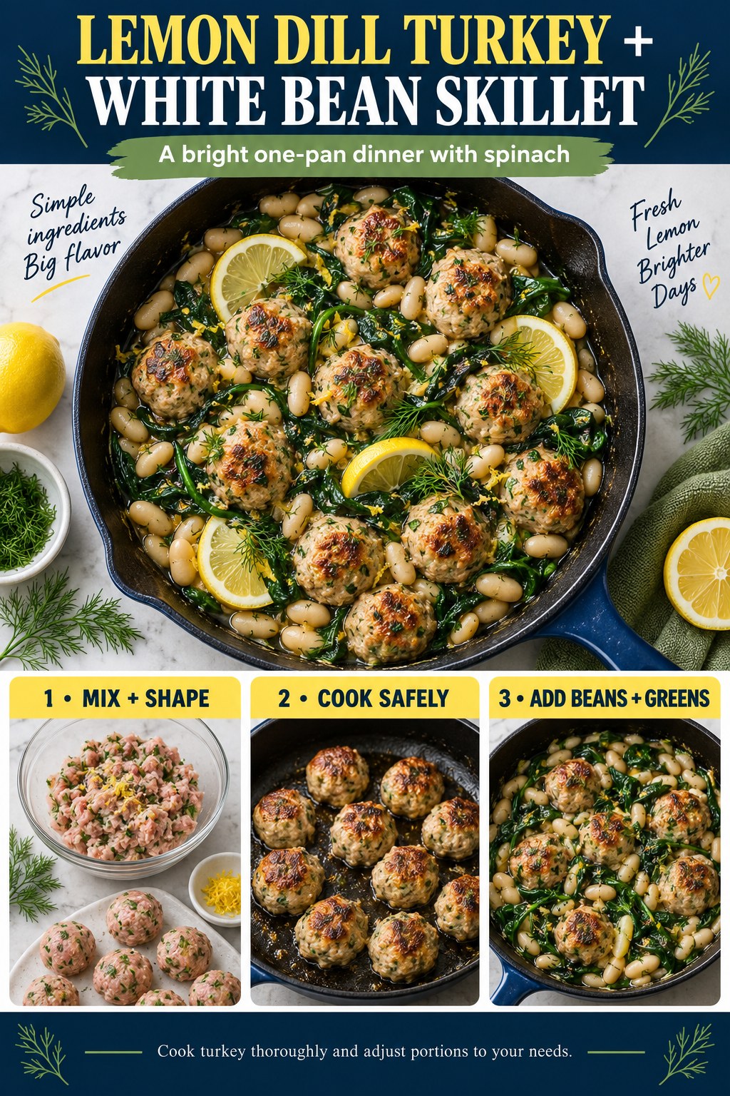 Recipe infographic showing turkey meatballs cooked with white beans, spinach, lemon, and dill in a skillet