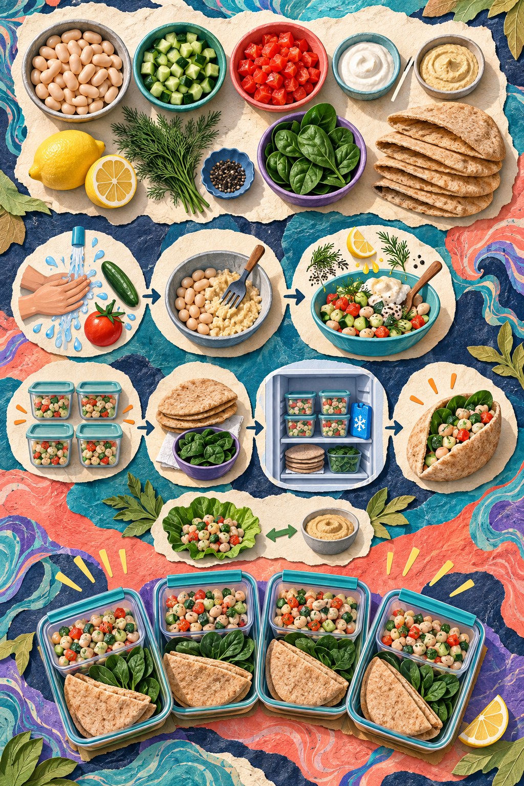 Marbled-paper recipe infographic showing white beans, cucumber, tomato, pita filling steps, cold storage, and four lunch boxes.