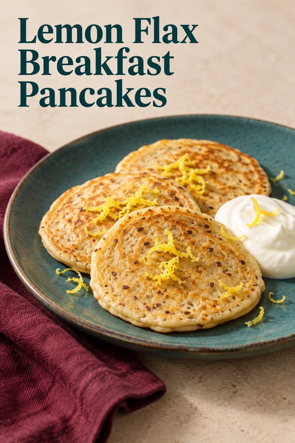 Small lemon flax ricotta pancakes with yogurt beneath the words Lemon Flax Breakfast Pancakes.