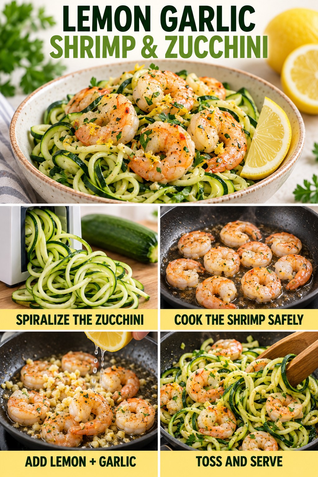 Lemon garlic shrimp and zucchini infographic showing spiralized zucchini, safely cooked shrimp, lemon, garlic, and the finished bowl.