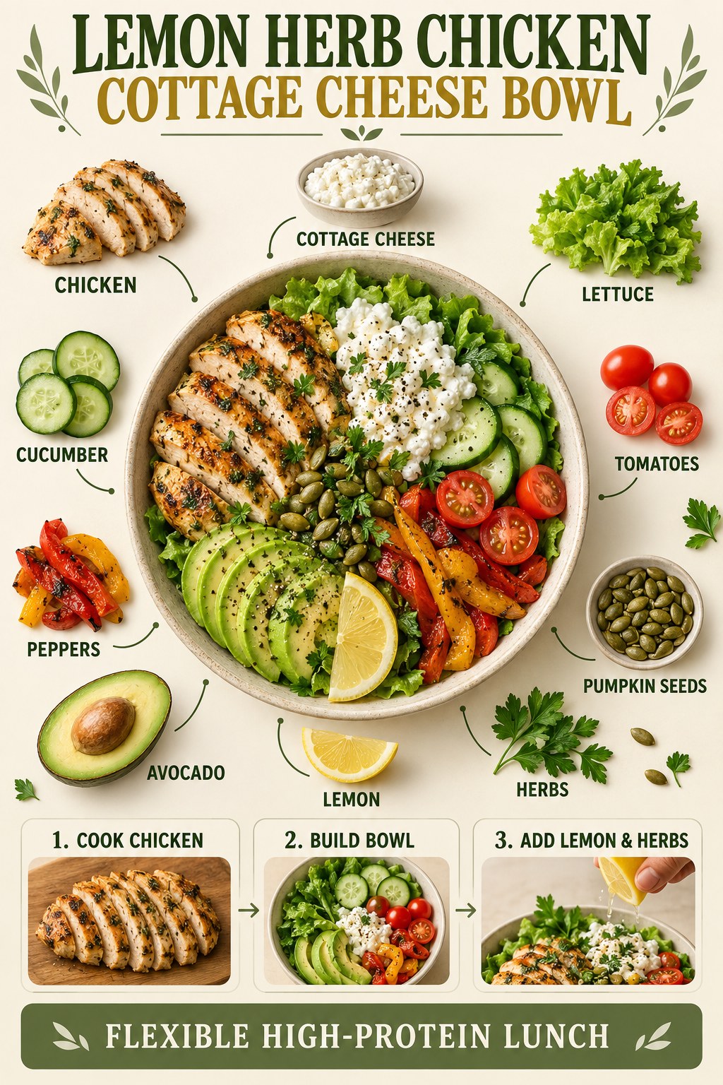 Chicken cottage cheese bowl with lettuce, cucumber, tomatoes, peppers, avocado, lemon, herbs, and pumpkin seeds.