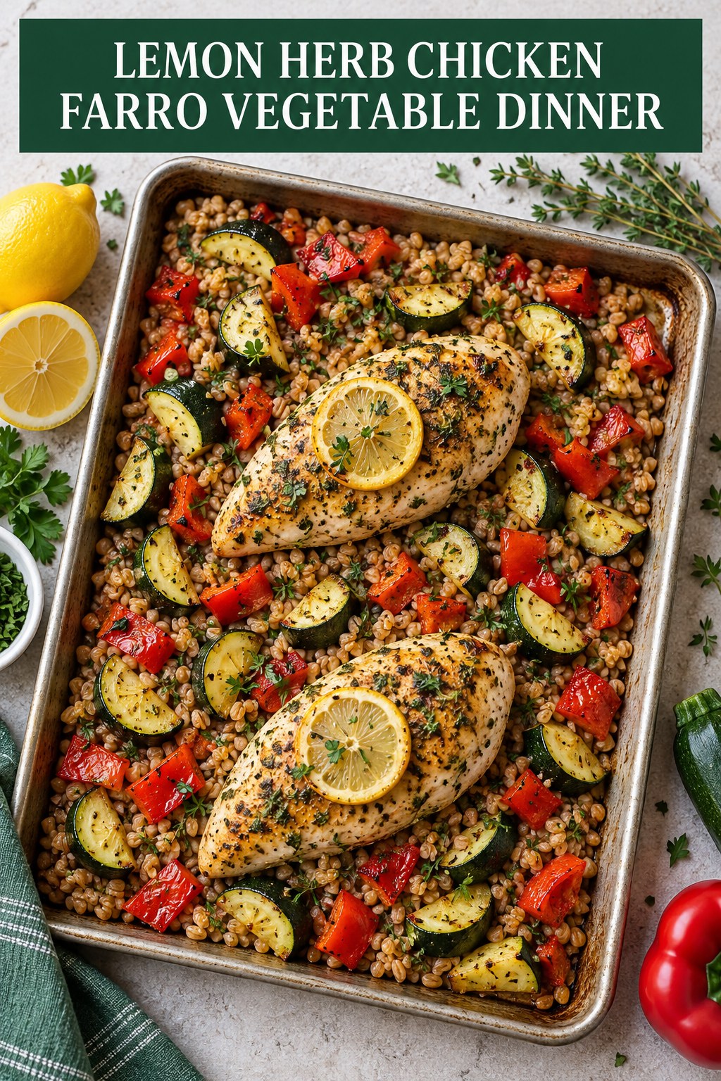 Two servings of lemon herb chicken farro vegetable dinner made with chicken, farro, and vegetables.