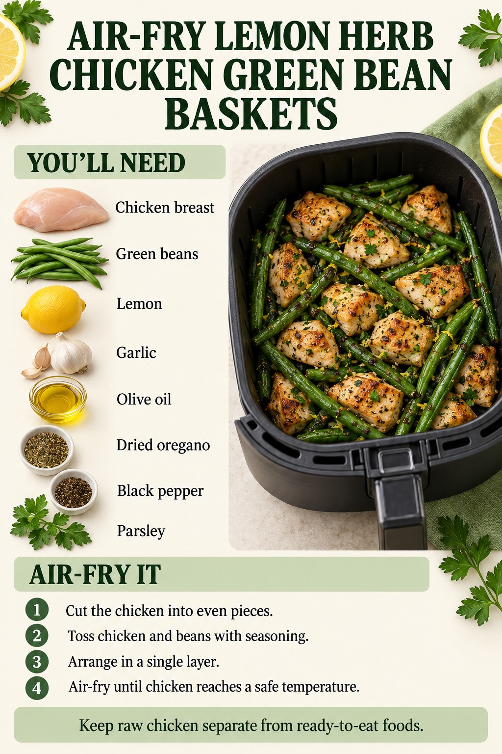 Air-fryer basket with lemon herb chicken pieces, green beans, garlic, parsley, and lemon.