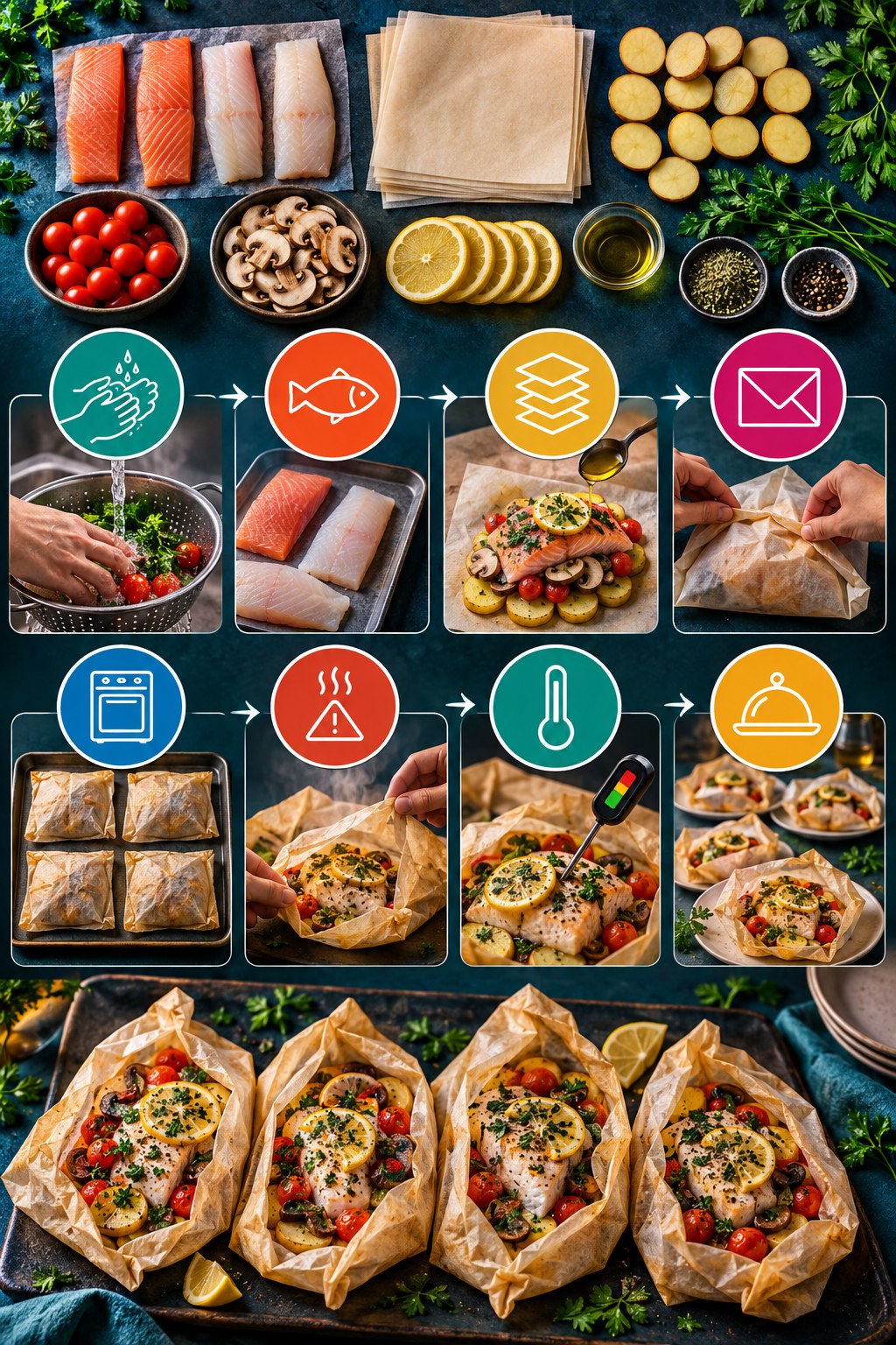 Overhead photo infographic showing four fish packets, vegetables, folding, oven, steam caution, thermometer, and plated servings.