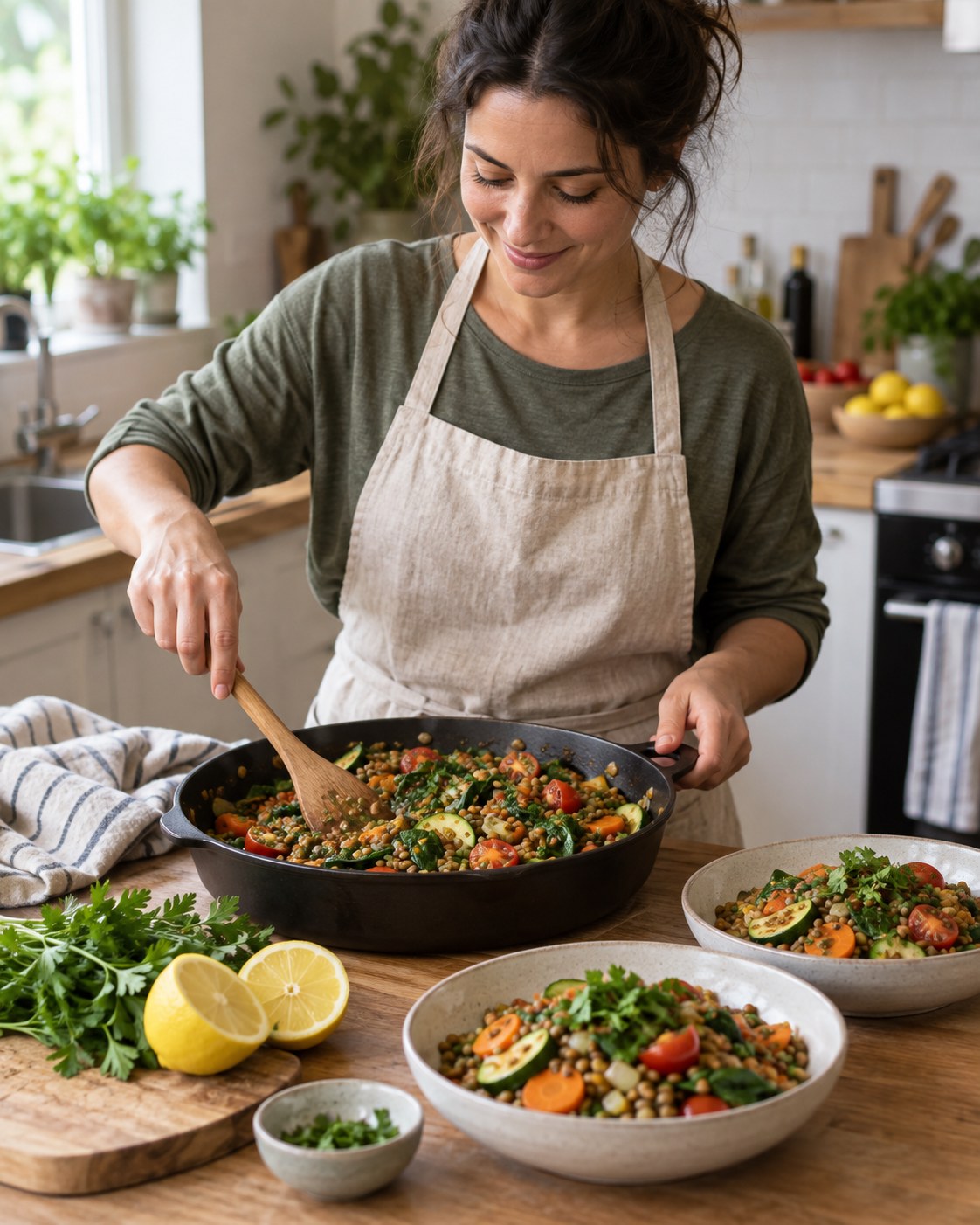 Woman stirring a lentil, zucchini, spinach, tomato, and carrot skillet