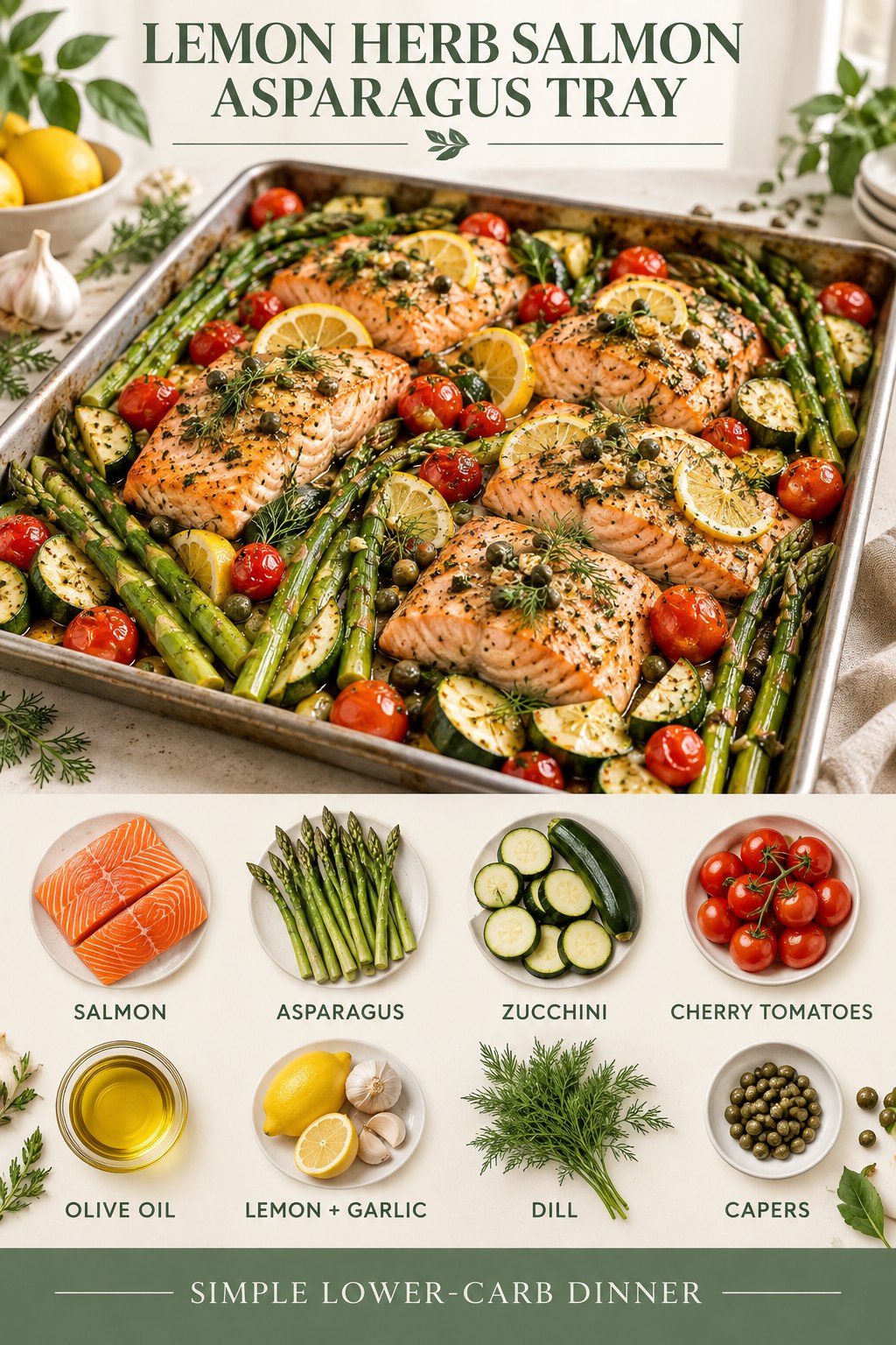 Lemon herb salmon tray with asparagus, zucchini, cherry tomatoes, dill, and capers
