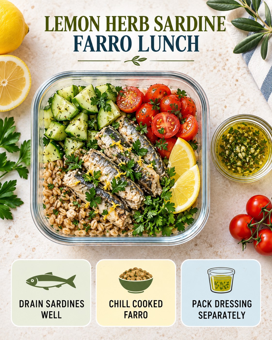 Lemon herb sardine farro lunch salad with cucumber, tomatoes, parsley, lemon, and dressing packed separately