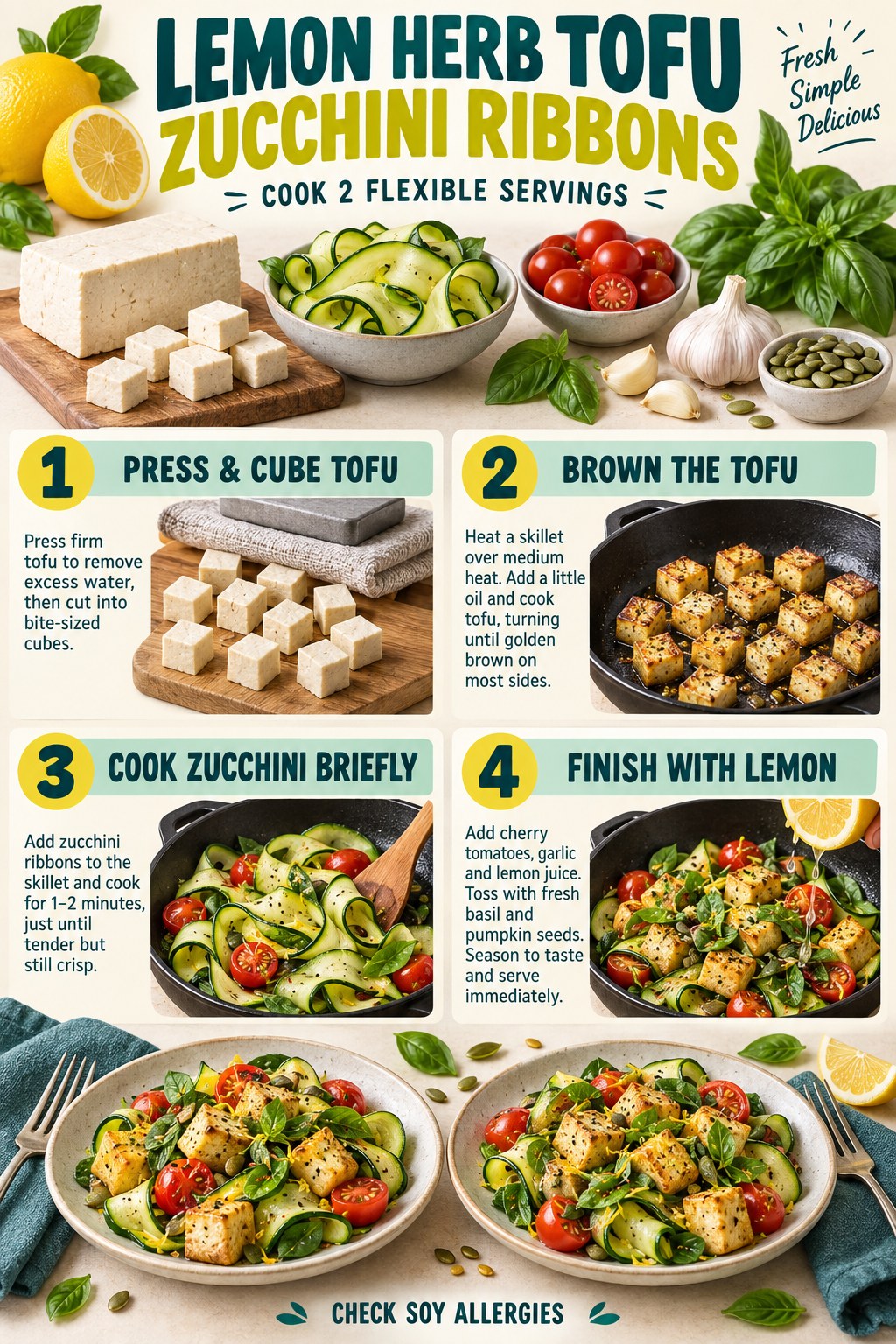Golden tofu with zucchini ribbons, tomatoes, lemon, herbs, and pumpkin seeds in a skillet.
