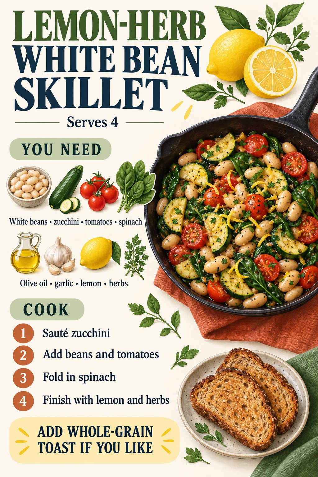 Lemon-herb white bean skillet recipe infographic with four steps