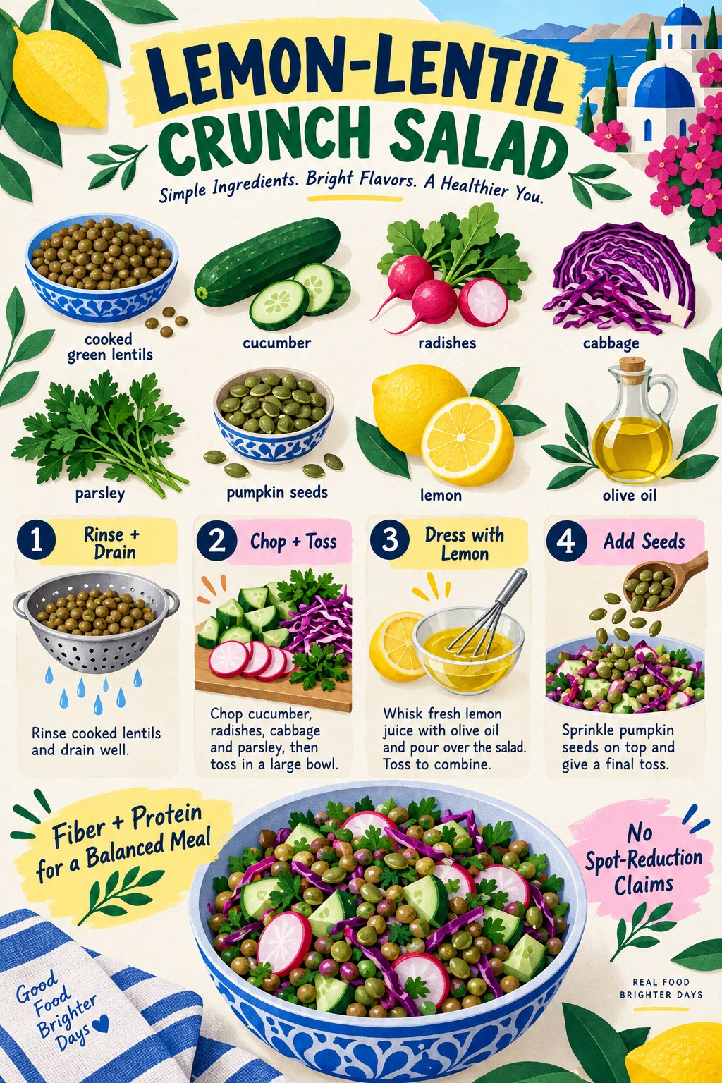 Portrait recipe infographic showing lentils, cucumber, radishes, cabbage, parsley, lemon dressing, pumpkin seeds, and four preparation steps.