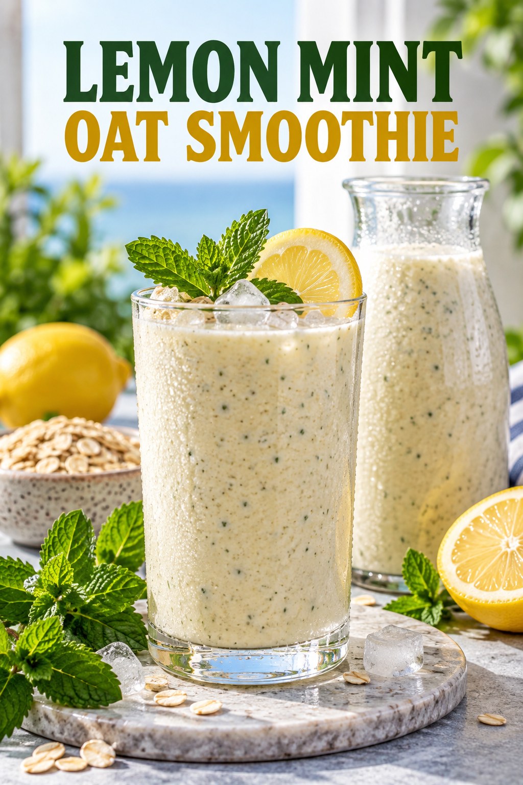 Portrait drink scene with lemon, fresh mint, ice, and a chilled glass of oat smoothie.
