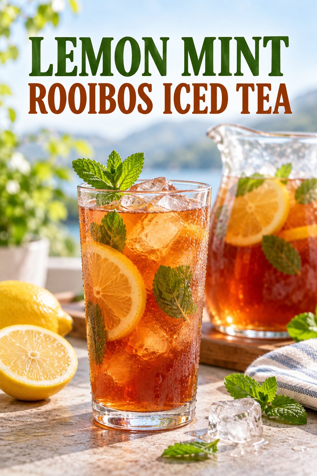 Portrait drink scene with lemon, fresh mint, ice, and a chilled glass of rooibos iced tea.
