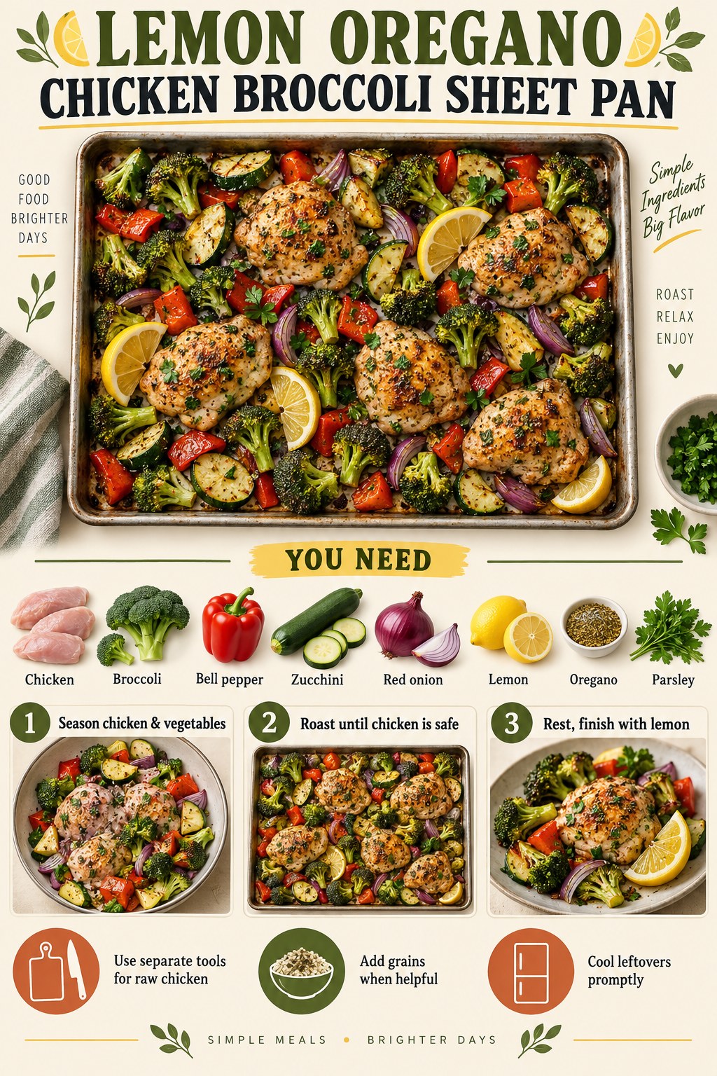 Lemon-oregano chicken sheet-pan infographic with broccoli, pepper, zucchini, onion, lemon, parsley, and three steps.