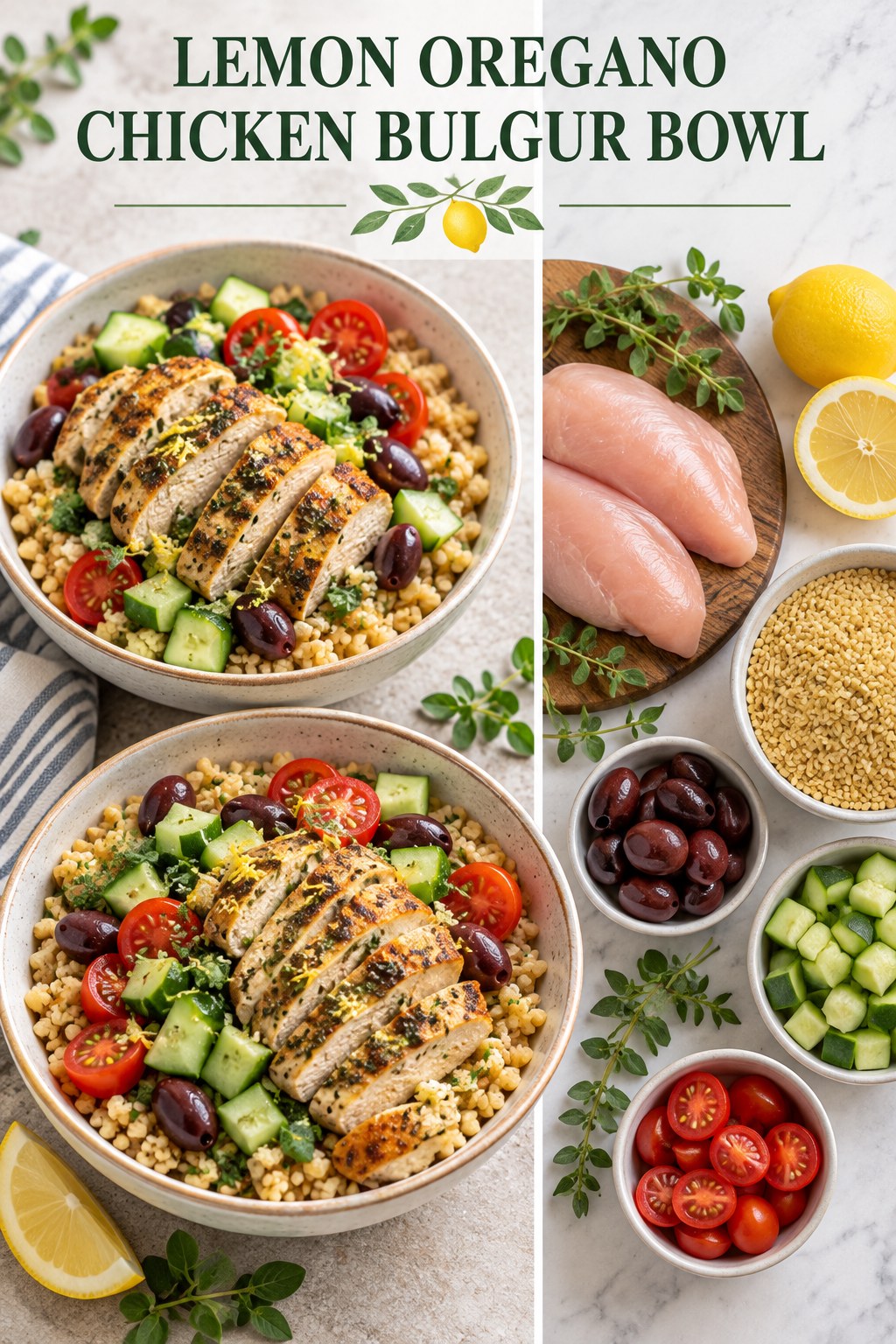 Two servings of lemon oregano chicken bulgur bowl made with chicken, bulgur, and vegetables.