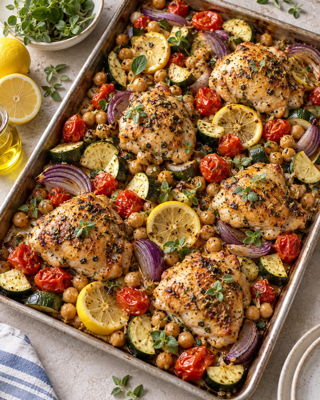 Roasted lemon oregano chicken with chickpeas, zucchini, red onion, cherry tomatoes, and herbs on a sheet pan