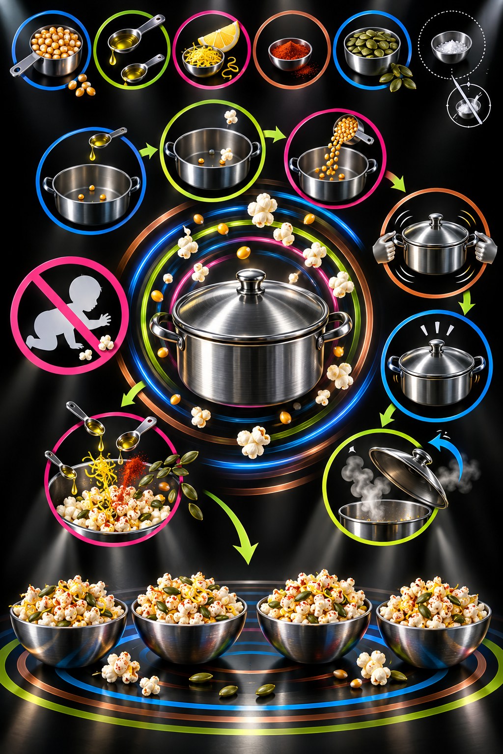 Metallic kinetic infographic showing popcorn ingredients, lidded-pot sequence, steam safety, child choking warning, and four bowls.