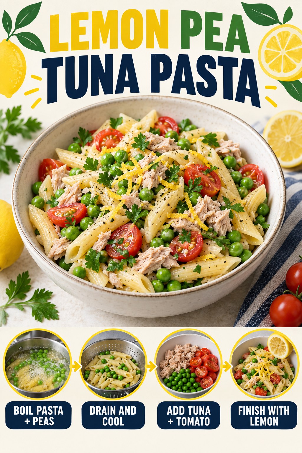 Portrait recipe infographic titled Lemon Pea Tuna Pasta showing pasta, peas, tuna, tomatoes, parsley, and four preparation steps.