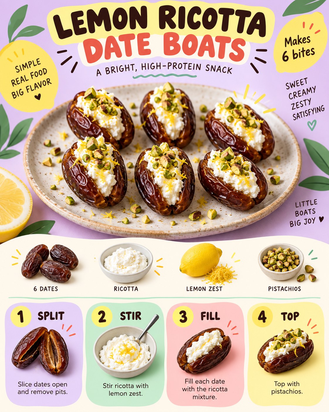 Lilac, lemon yellow, mint, coral, cream, and brown pop-art infographic for lemon-ricotta date boats.
