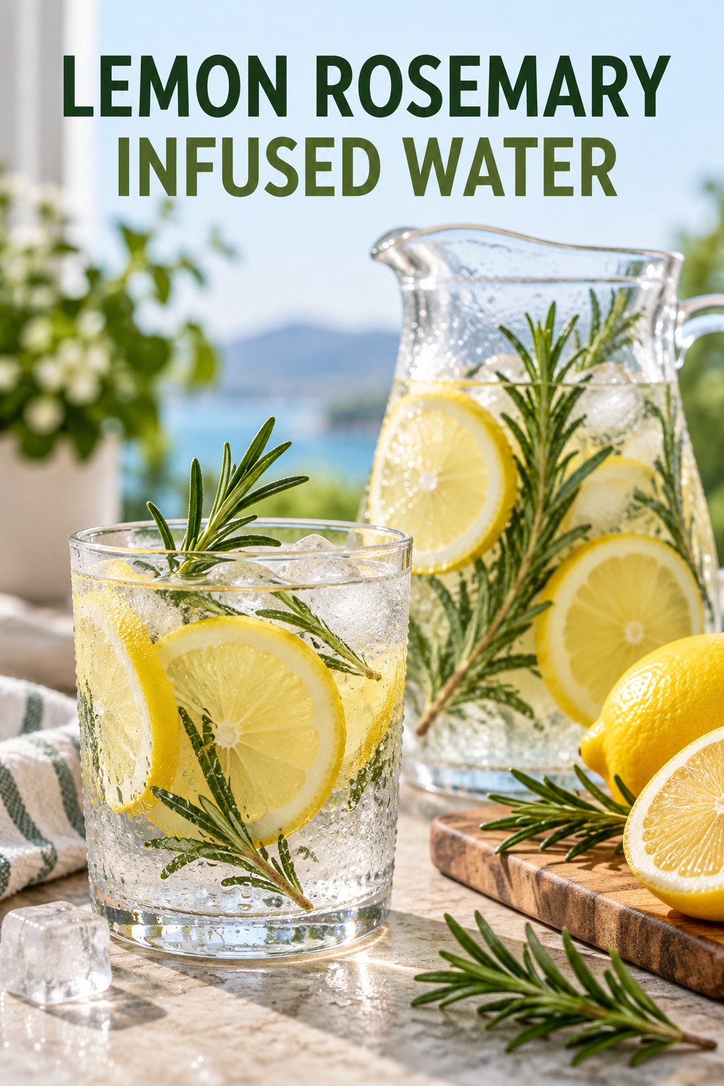 Portrait drink scene with lemon, fresh rosemary, ice, and a chilled glass of infused water.