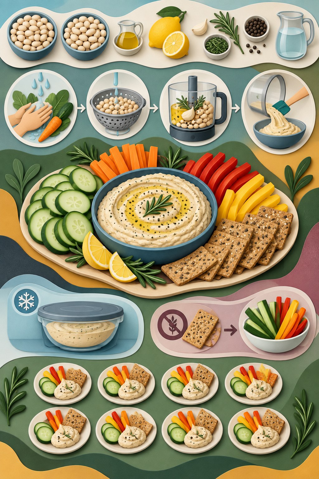 Topographic relief infographic showing white-bean dip ingredients, blending, vegetable platter, refrigeration, substitutions, and eight plates.