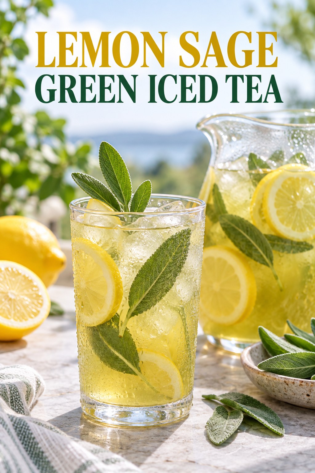 Portrait drink scene with lemon, fresh sage, ice, and a chilled glass of green iced tea.