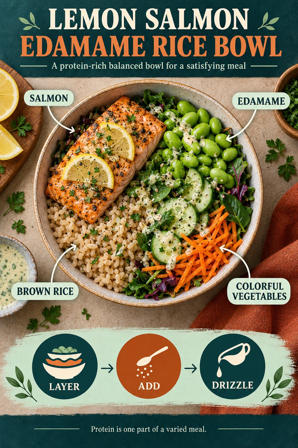 Infographic showing lemon salmon, edamame, brown rice, leafy greens, cucumber, and shredded carrots in a bowl