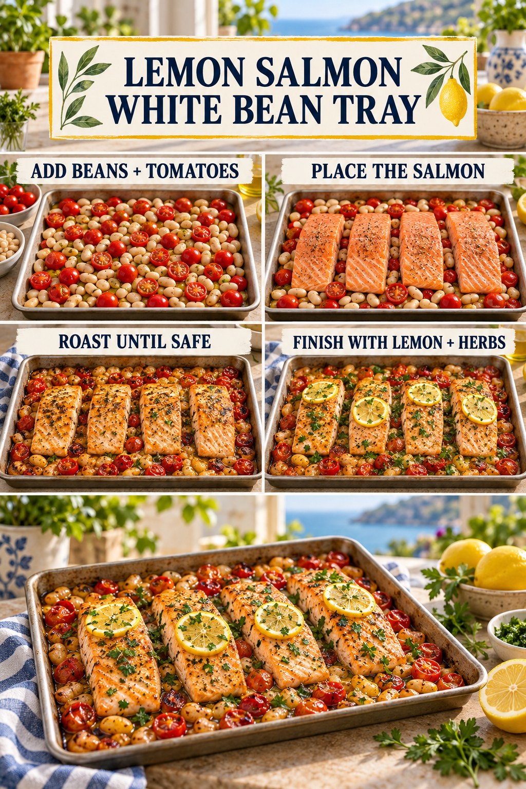Lemon salmon white bean tray infographic showing beans and tomatoes, salmon fillets, safe roasting, lemon and herbs, and a finished sheet pan.