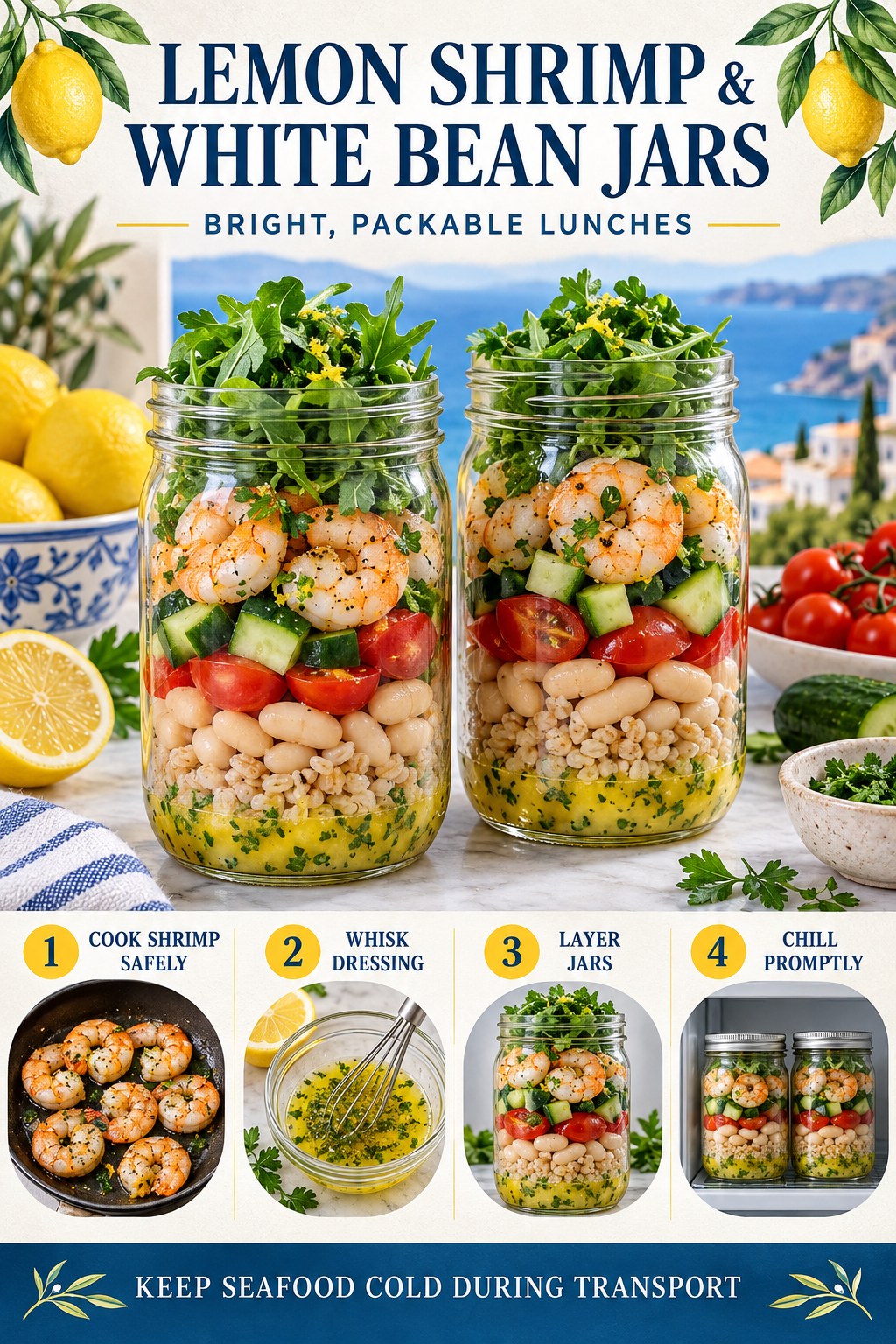 Portrait infographic showing two layered jars with lemon-herb dressing, grain, white beans, tomatoes, cucumber, cooked shrimp, and greens.