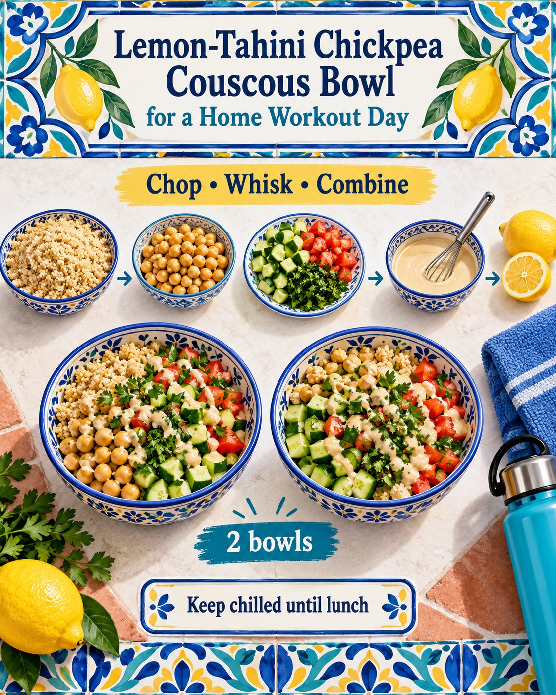 Ceramic-tile infographic showing couscous, chickpeas, cucumber, tomato, parsley, tahini, lemon, and two bowls.
