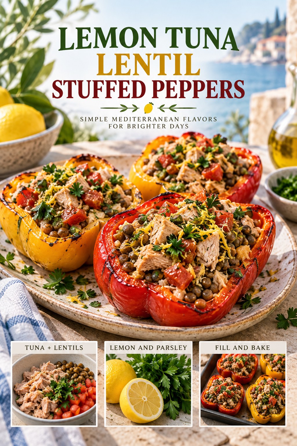 Lemon tuna lentil stuffed peppers with tomato, parsley, garlic, and herbs