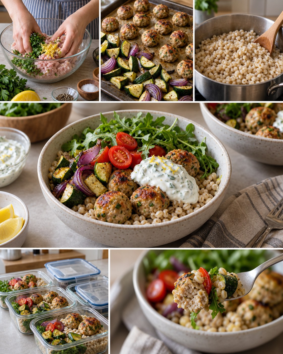 Lemon turkey meatball barley bowl with roasted zucchini, red onion, arugula, tomatoes, and yogurt sauce