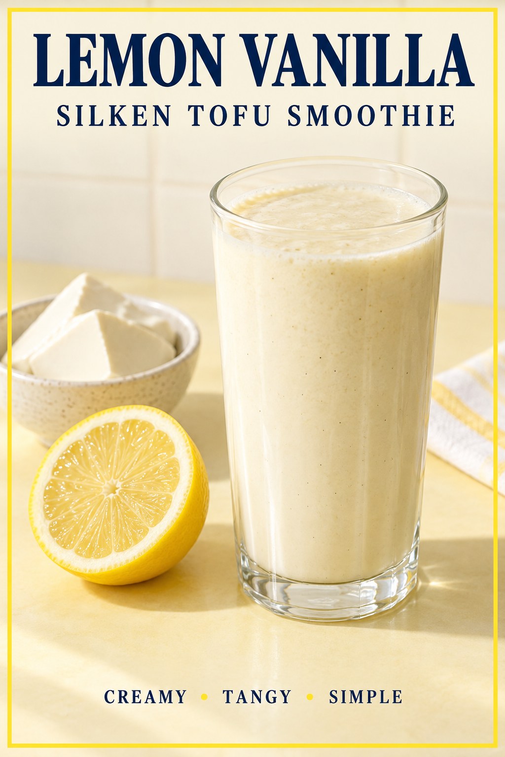 Creamy pale lemon vanilla smoothie in a clear glass with lemon and a small dish of silken tofu, under a Lemon Vanilla headline.