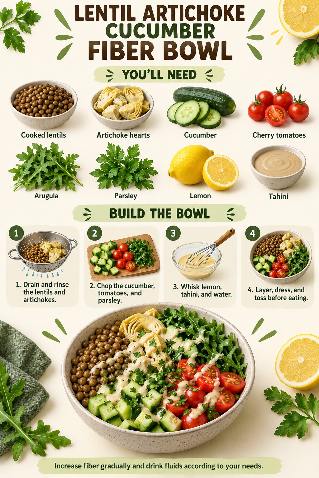 Lentil artichoke cucumber fiber bowl with tomatoes, arugula, parsley, lemon, and tahini dressing.