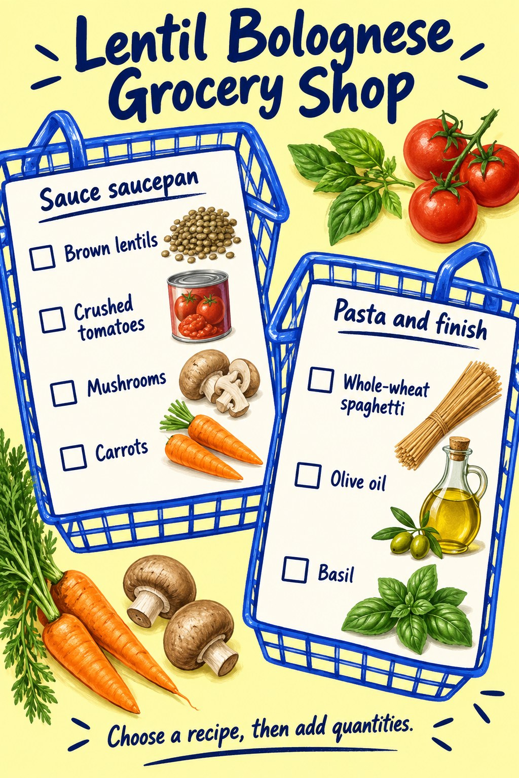 Lemon and cobalt grocery checklist with lentils, crushed tomatoes, mushrooms, carrots, spaghetti, oil and basil.