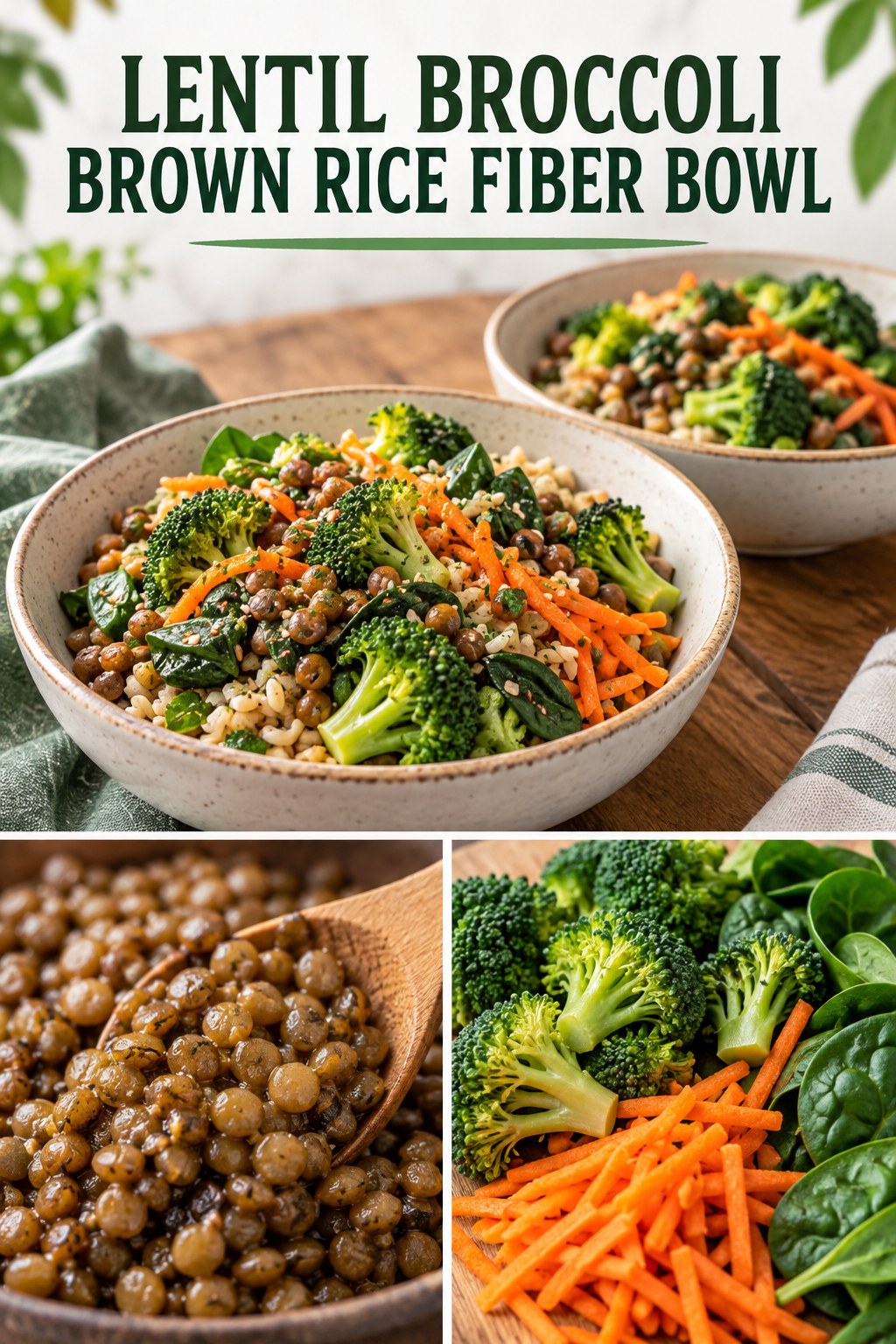 Two servings of lentil broccoli brown rice fiber bowl made with lentils, broccoli, and vegetables.