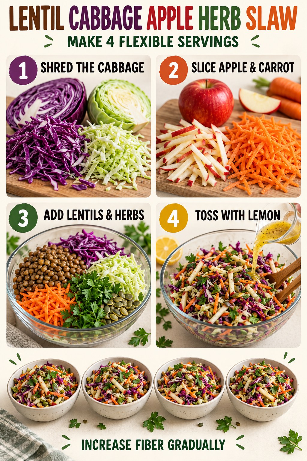 Lentil slaw with cabbage, apple, carrots, herbs, lemon, mustard, and olive oil.