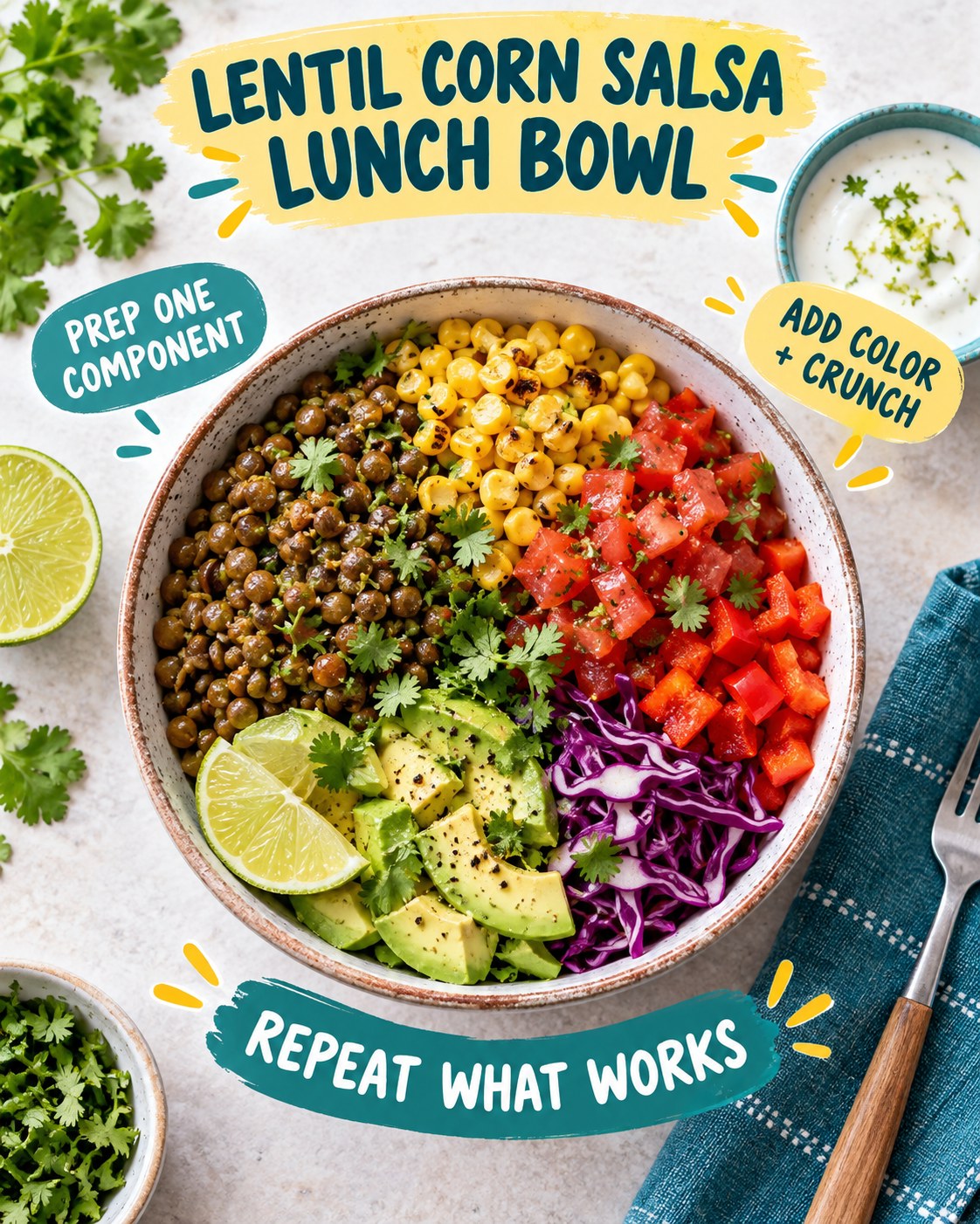 Colorful lentil corn salsa lunch bowl with tomato, red pepper, cabbage, avocado, lime, cilantro, and habit-building tips.