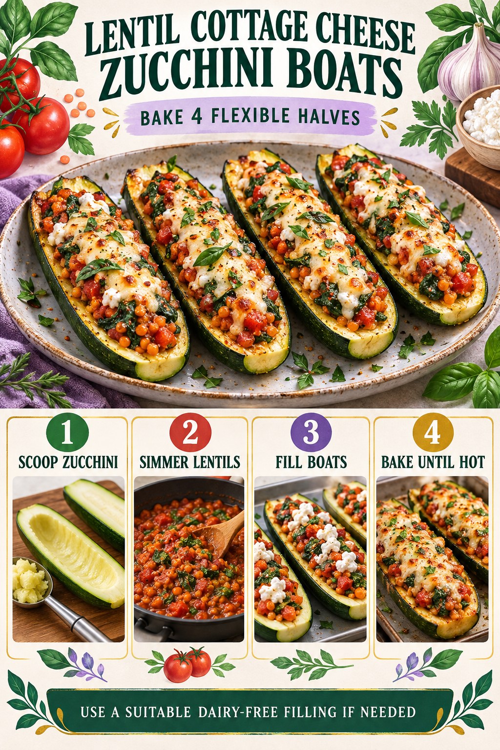 Portrait infographic showing four zucchini halves filled with tomato lentils, spinach, cottage cheese, herbs, and melted cheese.