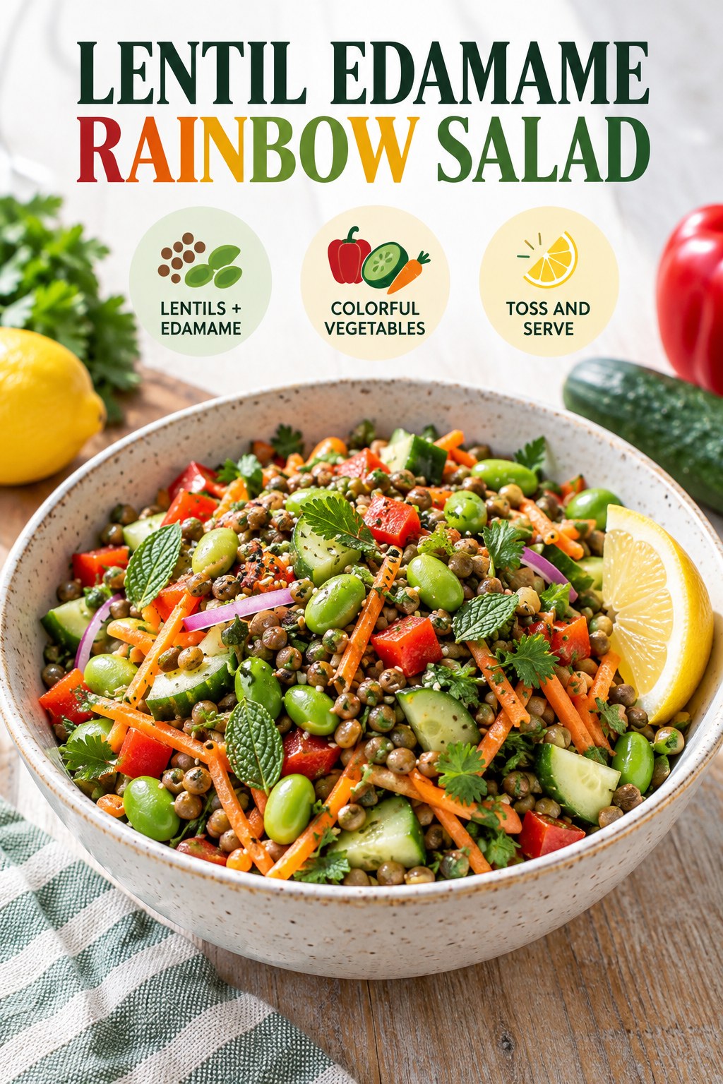 Lentil edamame rainbow salad with peppers, cucumber, carrot, herbs, and lemon