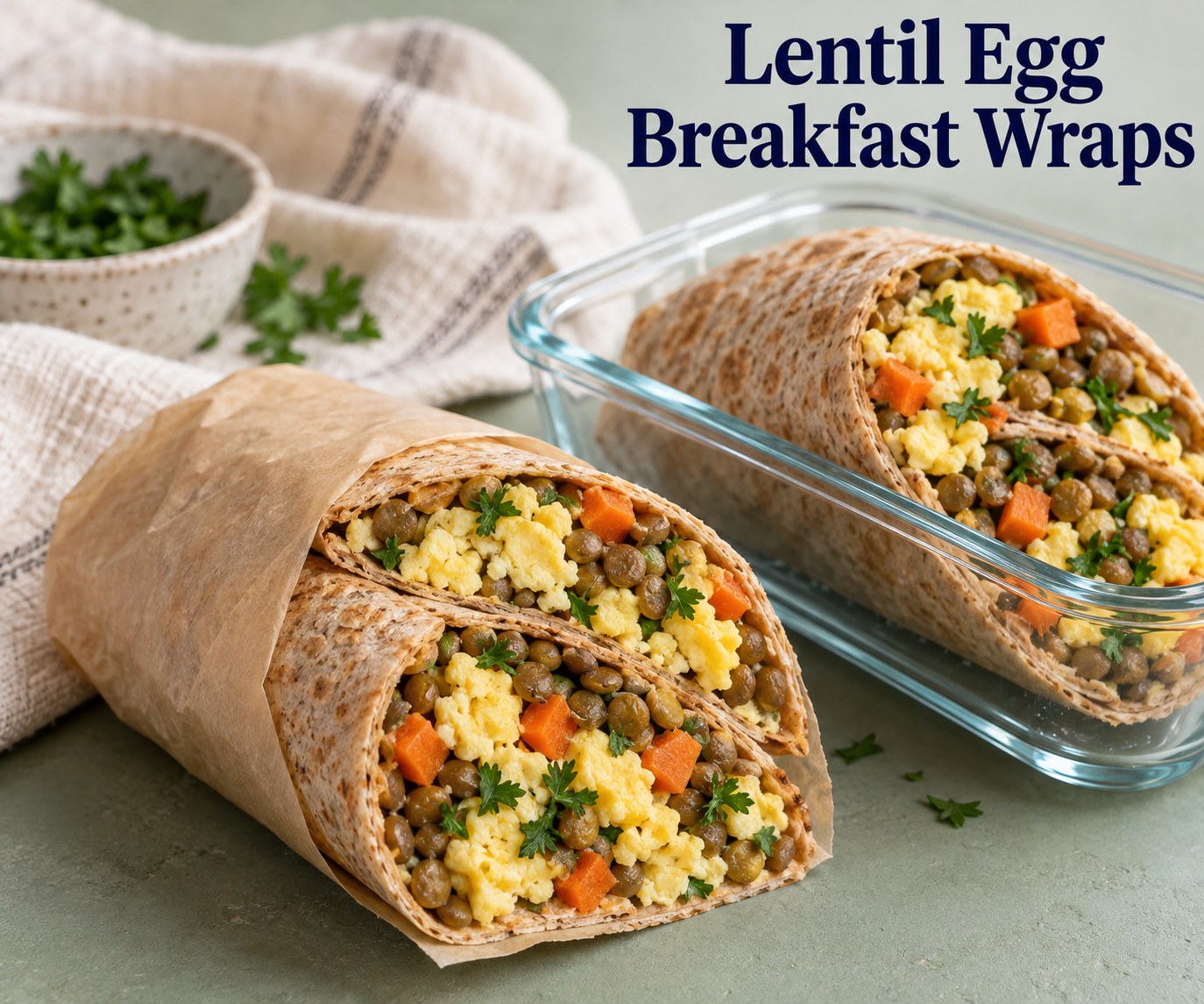 Whole wheat wraps filled with lentils eggs and carrot beside the words Lentil Egg Breakfast Wraps.