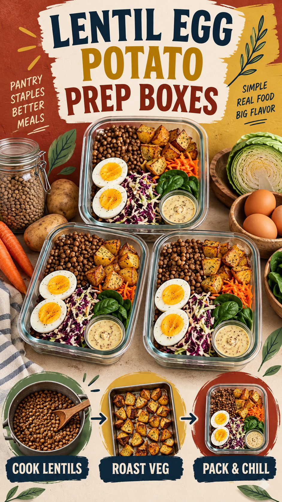 Three meal-prep boxes with lentils, cooked eggs, roasted potatoes, cabbage, carrots, spinach, and sauce