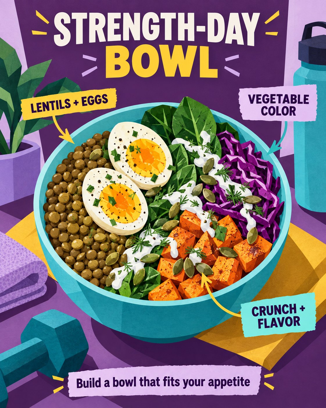 Purple, yellow, and turquoise cut-paper infographic showing a lentil and egg bowl with sweet potato, spinach, cabbage, and seeds.