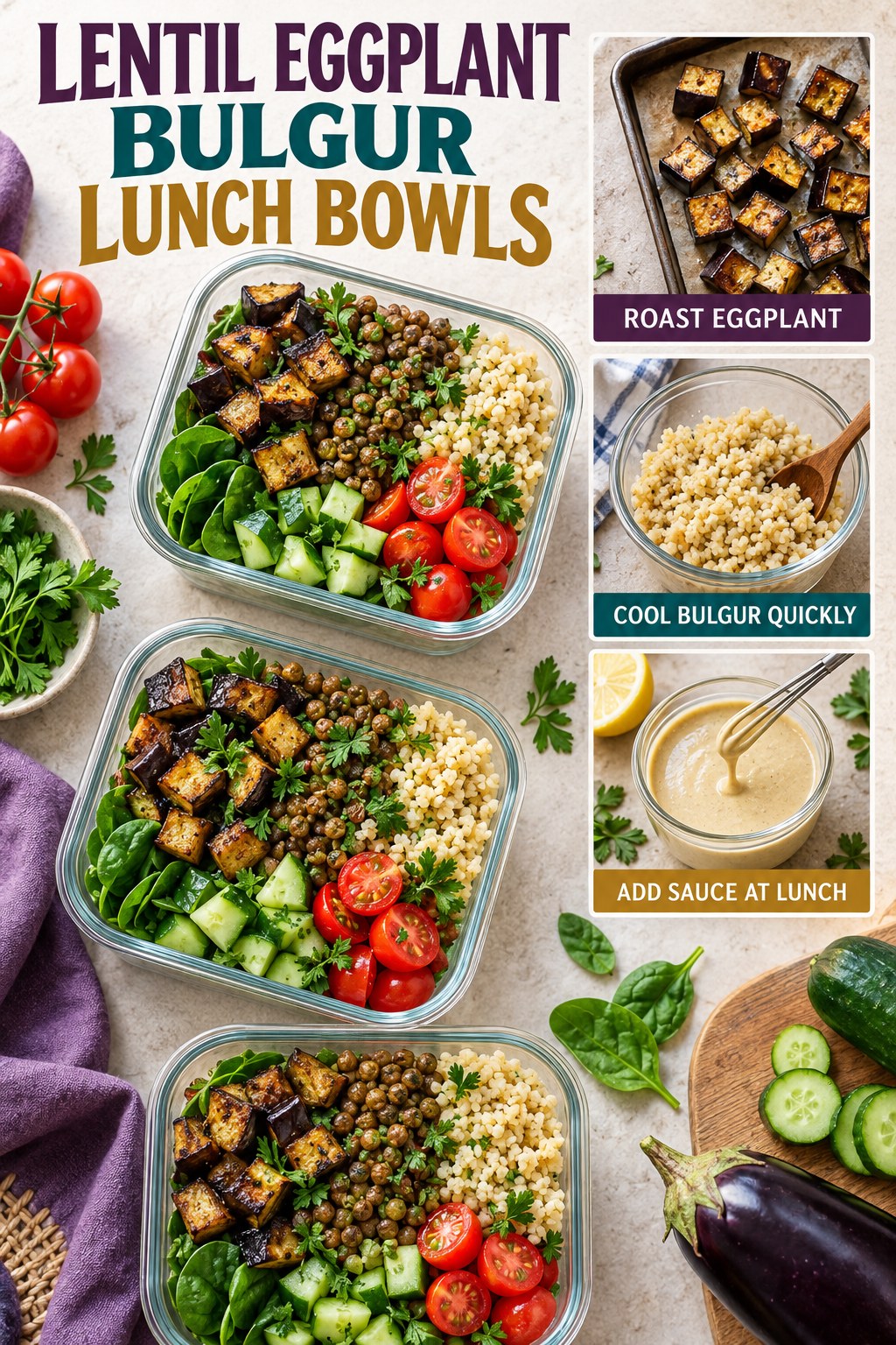 Three lentil eggplant bulgur lunch bowls with spinach, cucumber, tomatoes, parsley, and separate lemon-tahini sauce