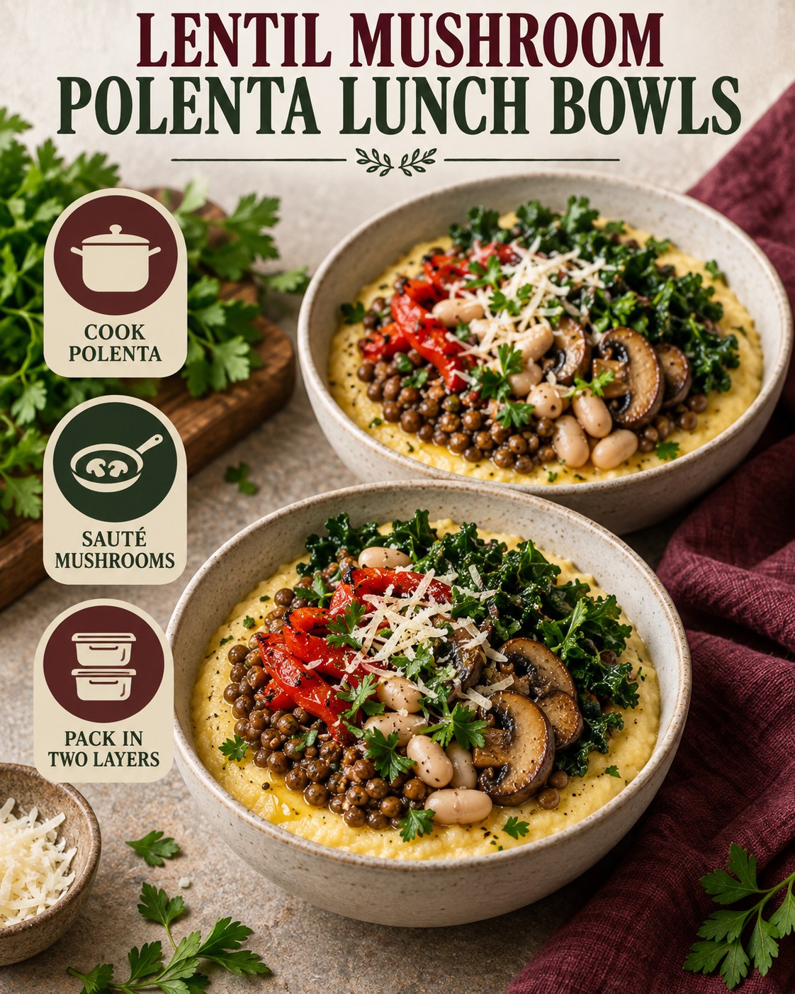 Two lentil mushroom polenta lunch bowls with kale, roasted pepper, white beans, parsley, Parmesan, and layered packing tips.