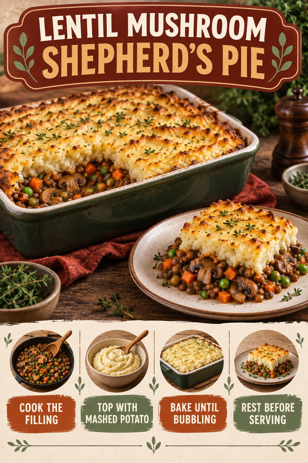 Lentil and mushroom shepherd's pie with carrots, peas, mashed potato topping, and four preparation steps.