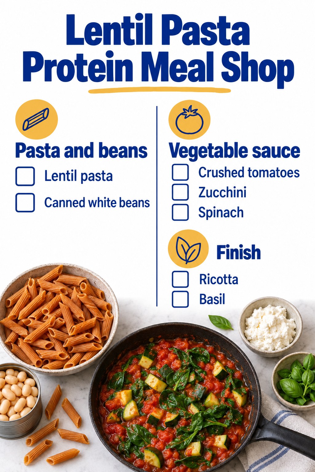 White and cobalt grocery card listing lentil pasta, white beans, tomatoes, zucchini, spinach, ricotta and basil.