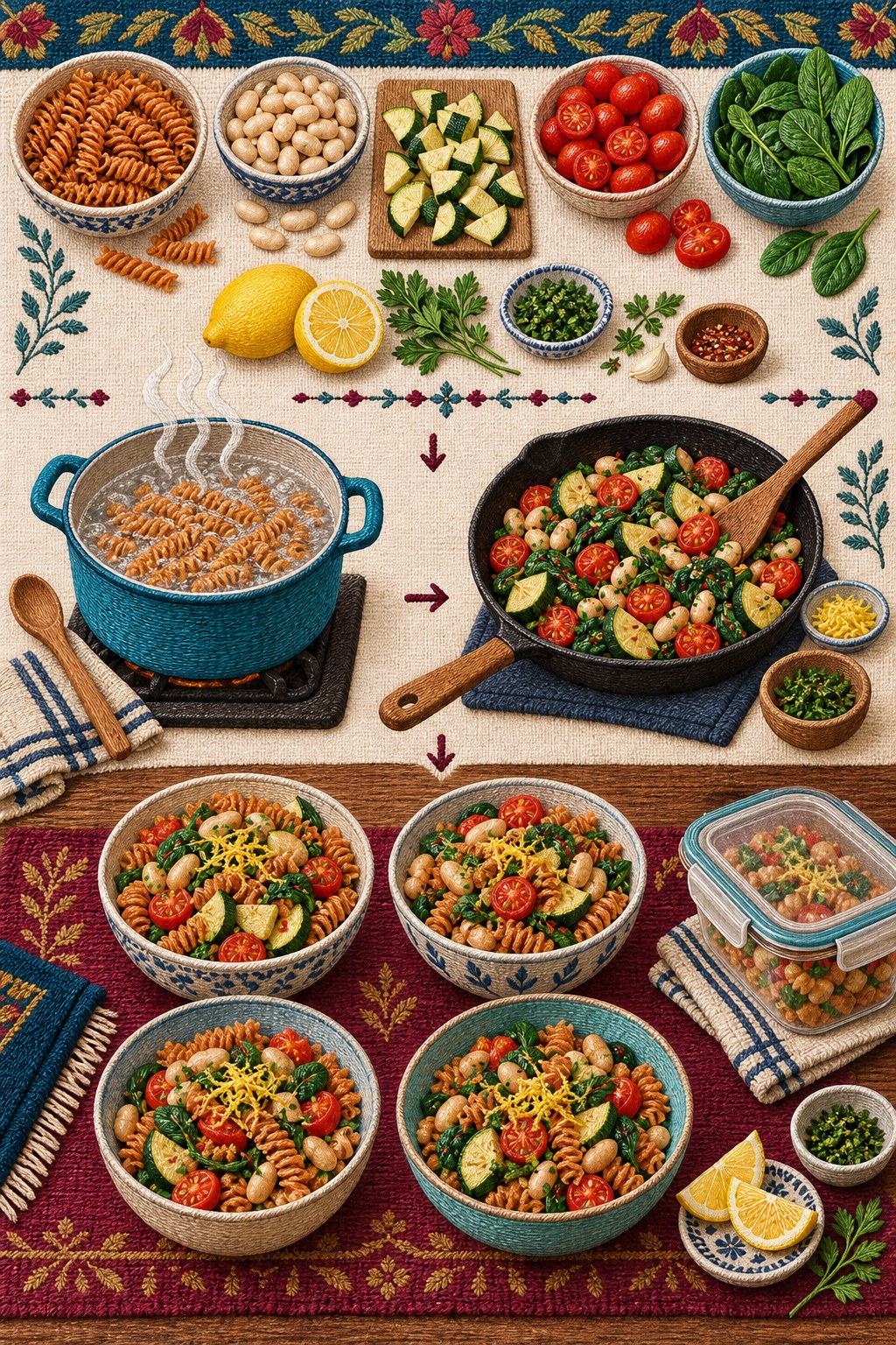 Vertical woven-textile infographic showing lentil pasta, white beans, vegetables, cooking steps, four bowls, and one covered leftover portion.