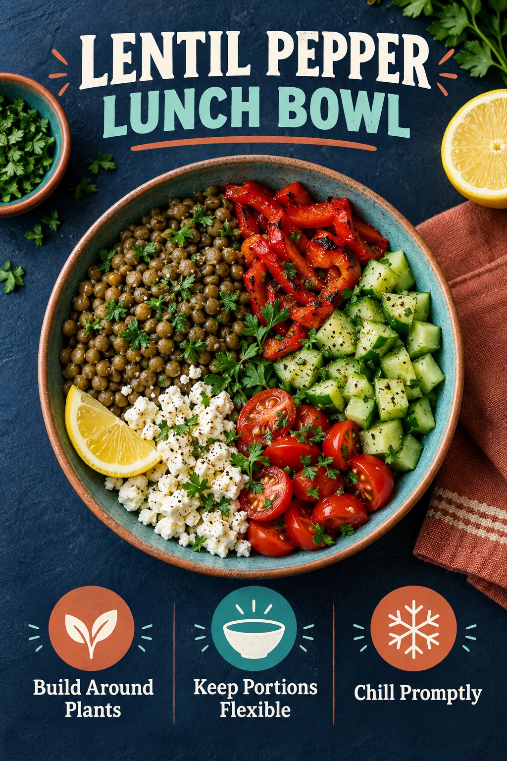 Lentil roasted pepper lunch bowl with cucumber, tomatoes, feta, parsley, lemon, and three practical lunch tips.