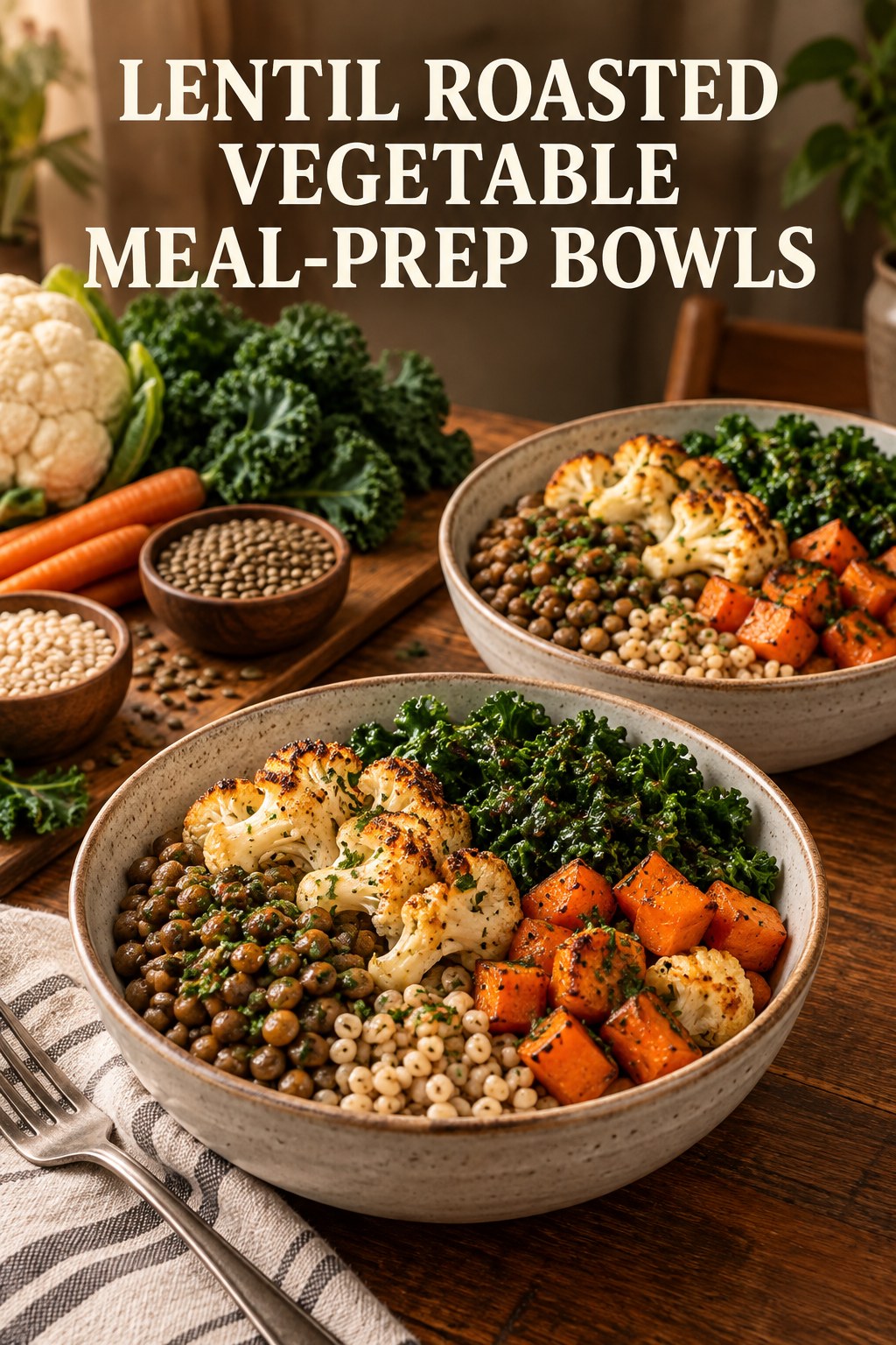 Two servings of lentil roasted vegetable meal-prep bowls made with lentils, barley, and vegetables.