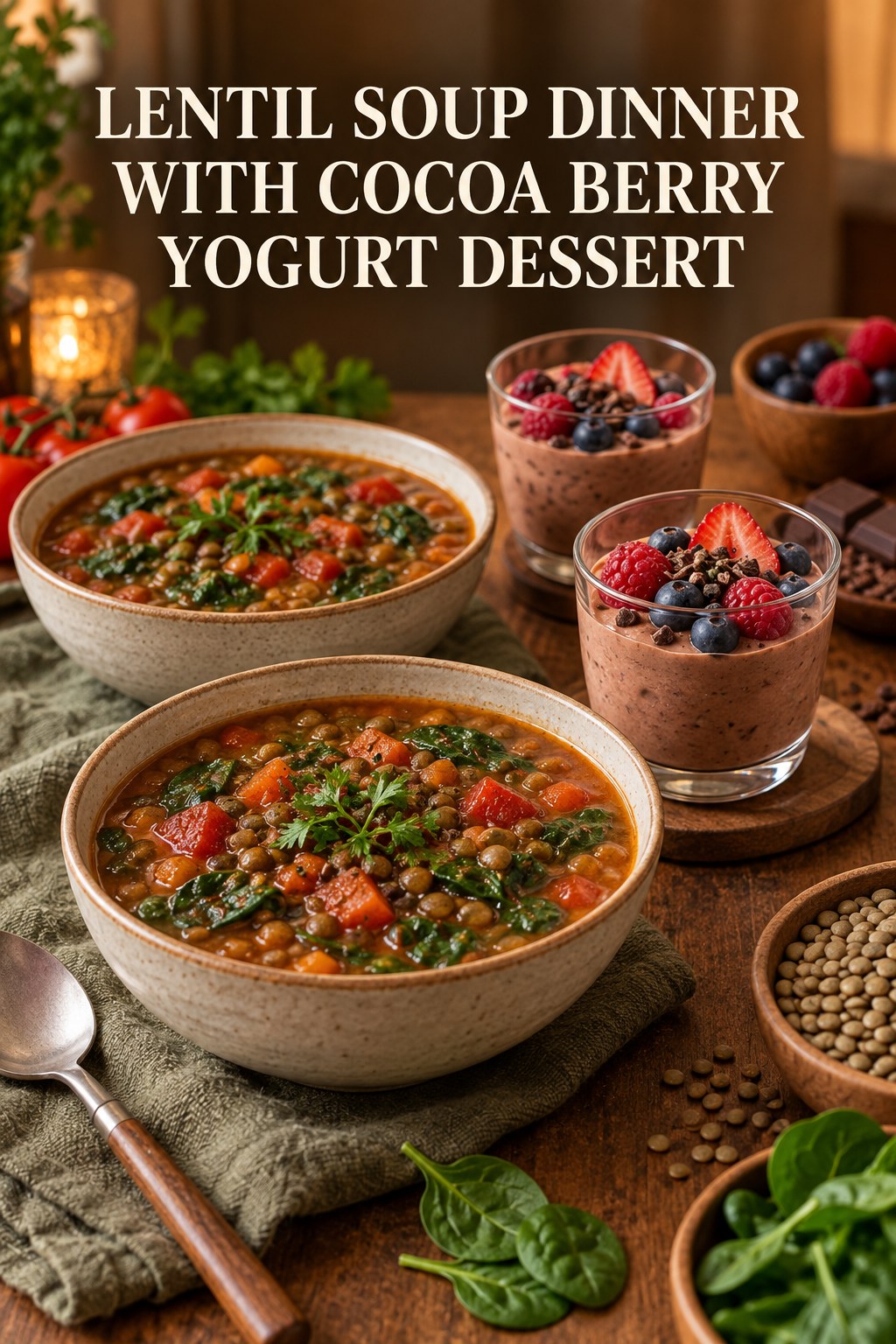 Two servings of lentil soup dinner with cocoa berry yogurt dessert made with lentils, tomato, and vegetables.